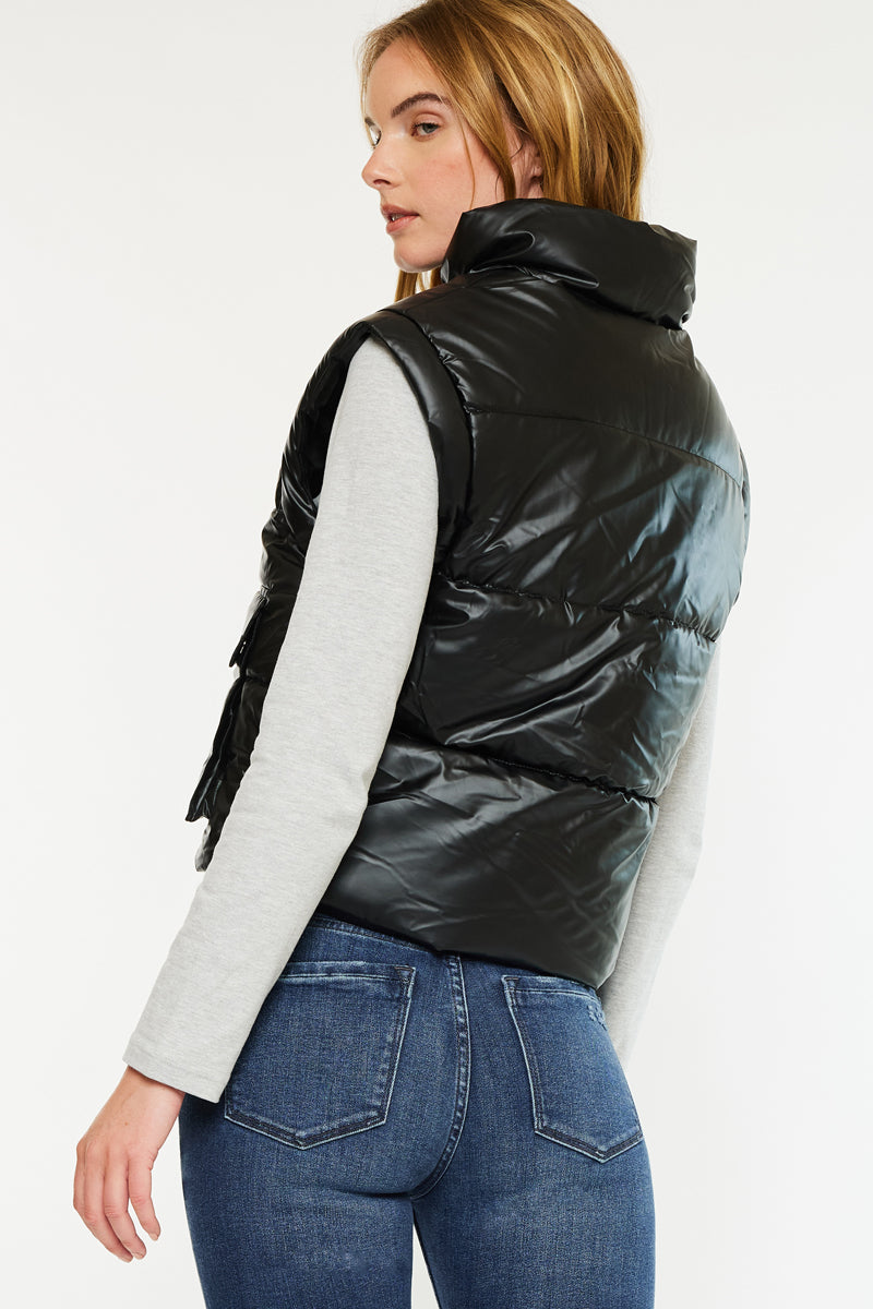 Obsidian Cropped Faux Leather Puffer Vest - Official Kancan USA