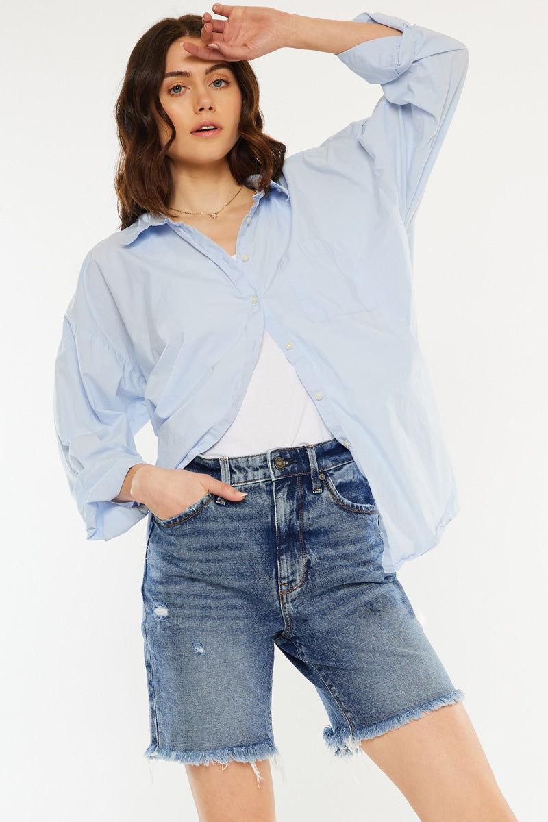 Kan Can Women's High Rise Bermuda Shorts | Distressed Denim Shorts With Frayed Hem - View #12