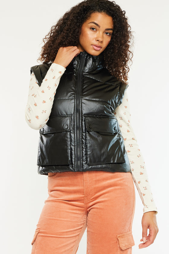 Obsidian Cropped Faux Leather Puffer Vest - Official Kancan USA
