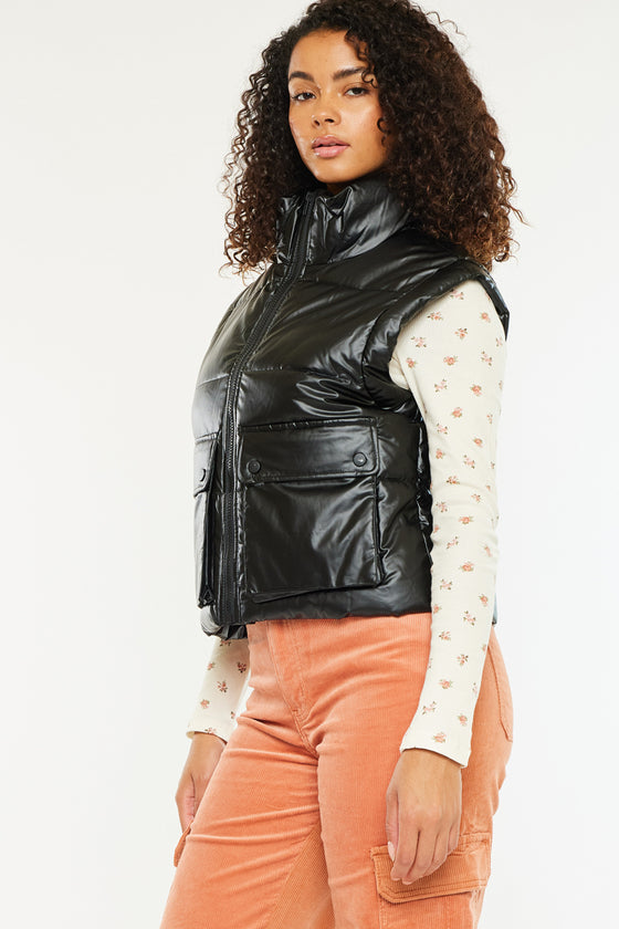 Obsidian Cropped Faux Leather Puffer Vest - Official Kancan USA