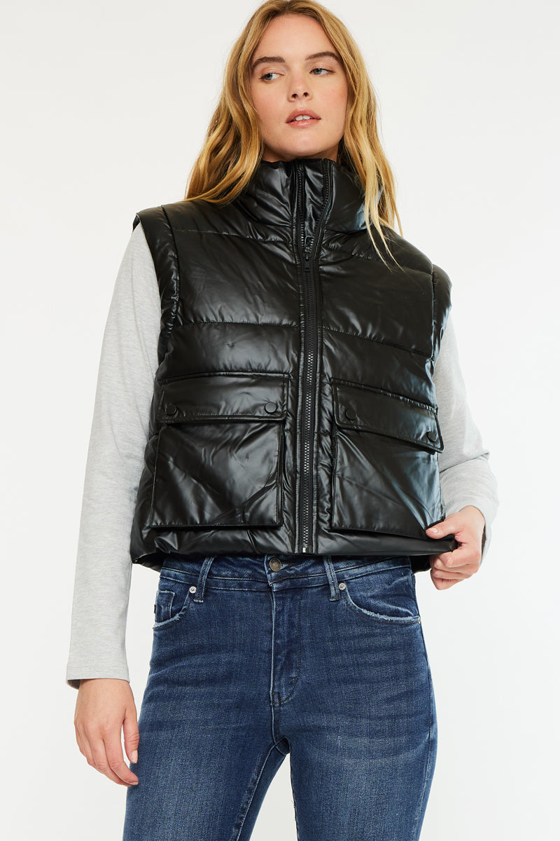 Obsidian Cropped Faux Leather Puffer Vest - Official Kancan USA