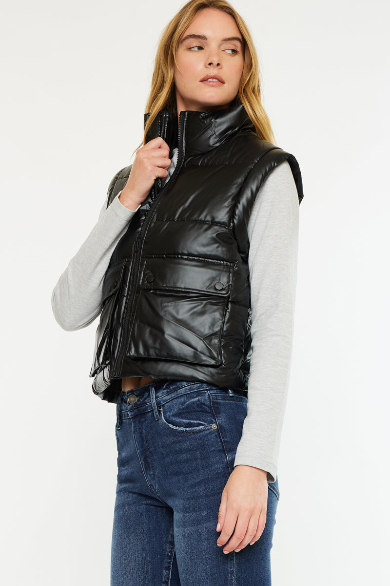 Obsidian Cropped Faux Leather Puffer Vest - Official Kancan USA