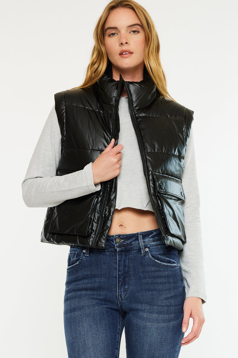 Obsidian Cropped Faux Leather Puffer Vest - Official Kancan USA