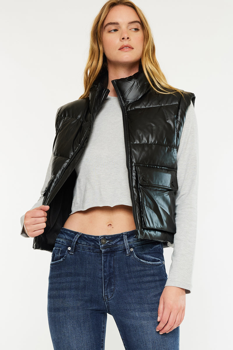 Obsidian Cropped Faux Leather Puffer Vest – Kancan USA