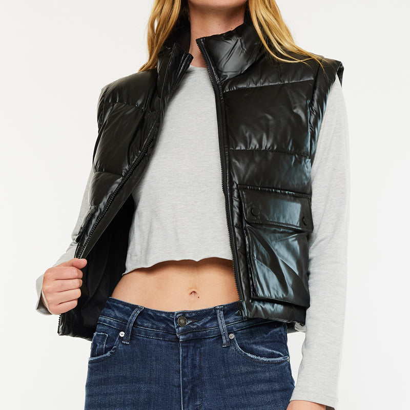 Obsidian Cropped Faux Leather Puffer Vest - Official Kancan USA
