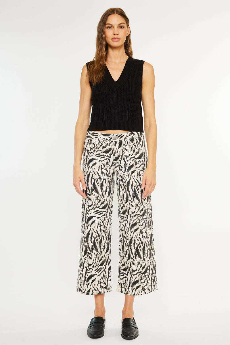 Alonso Mid Rise Wide Crop Jeans – Stretch Beige Print – Kancan USA