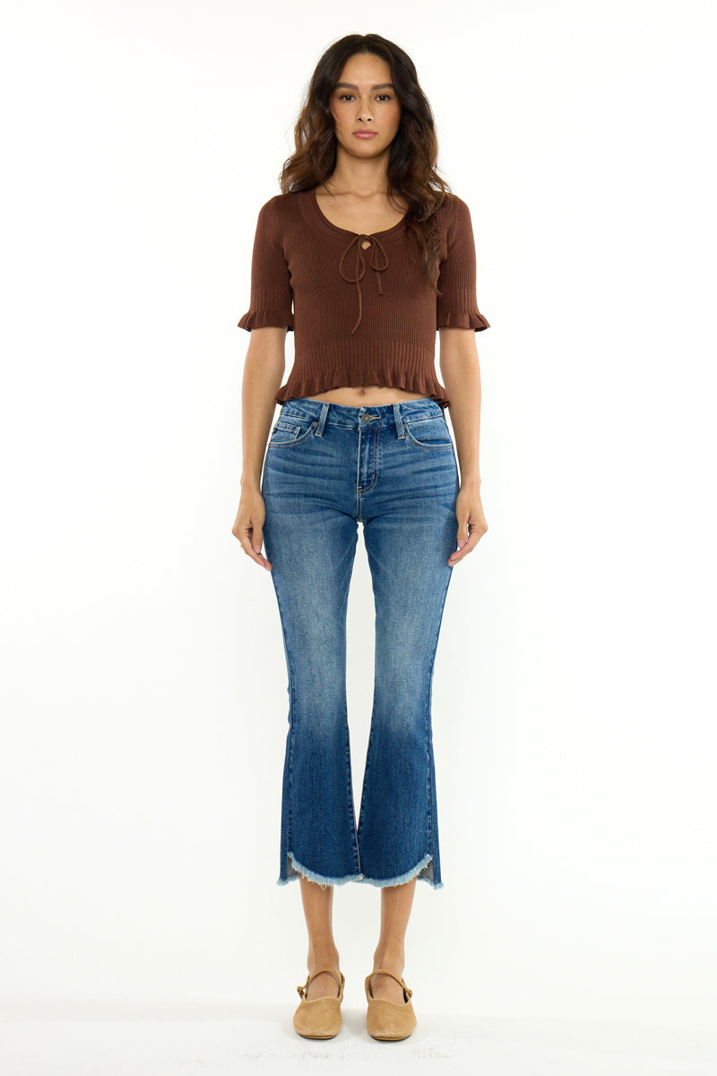 Aida Mid Rise Cropped Flare Jeans – Frayed Hem Stretch