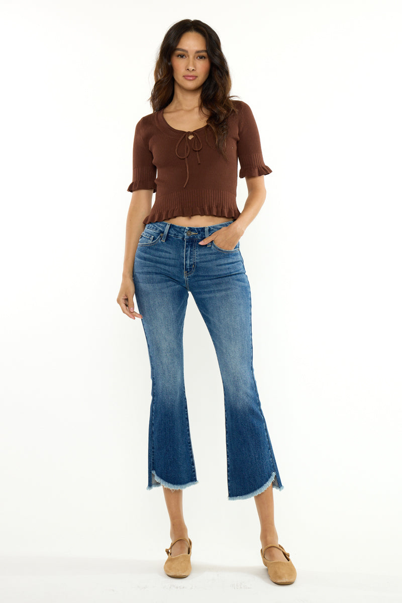 Aida Mid Rise Cropped Flare Jeans – Frayed Hem Stretch