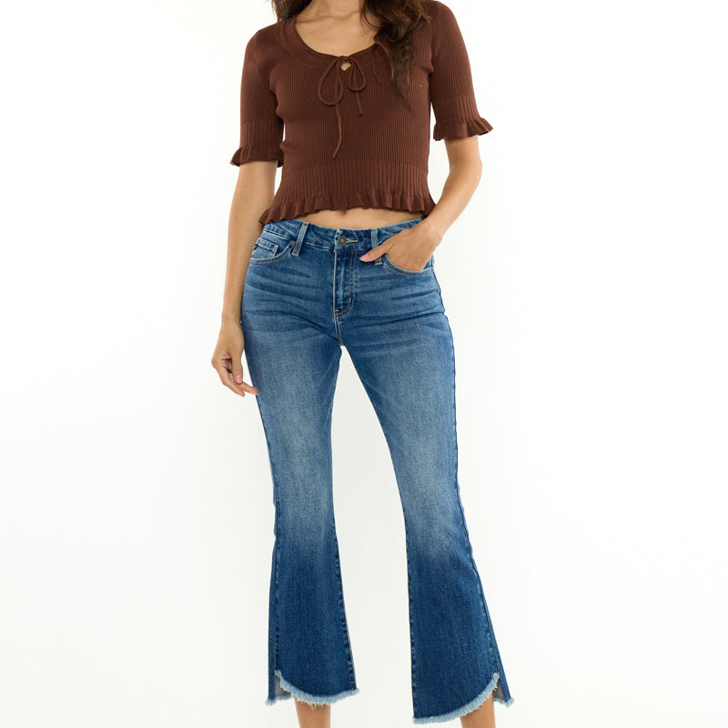 Aida Mid Rise Cropped Flare Jeans – Frayed Hem Stretch