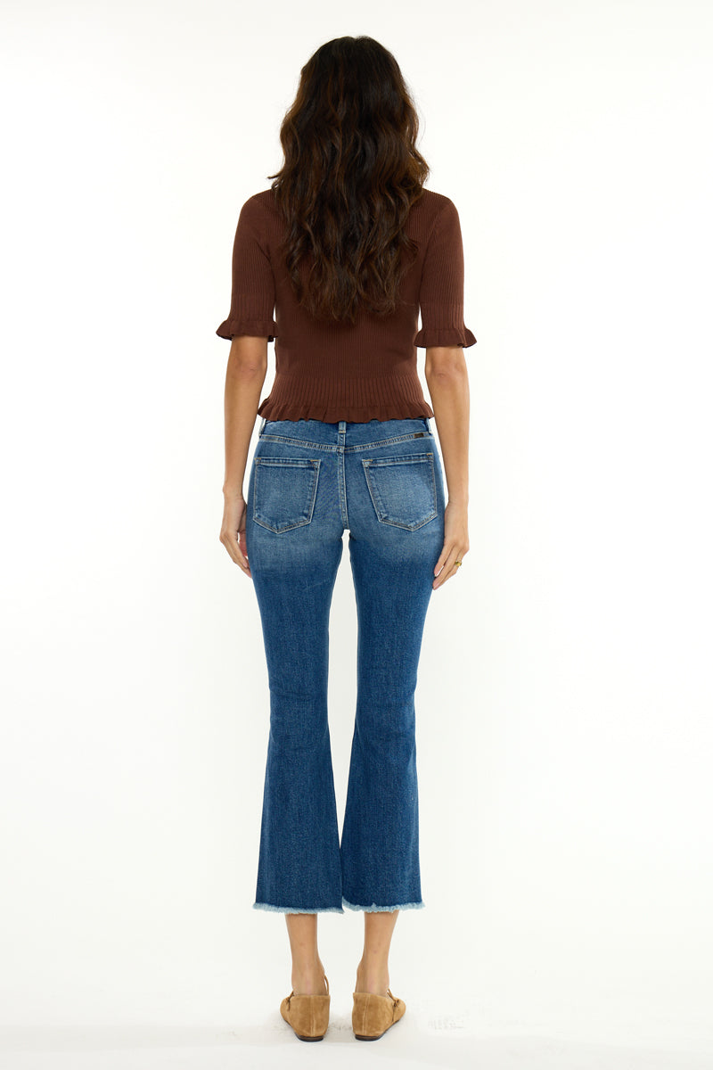 Aida Mid Rise Cropped Flare Jeans – Frayed Hem Stretch