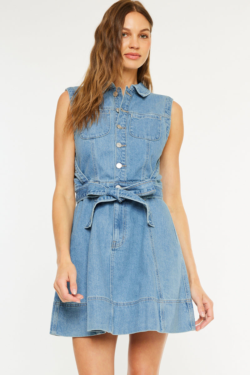 kim shui denim mini combo dress Kim Sleeveless Mini Dress