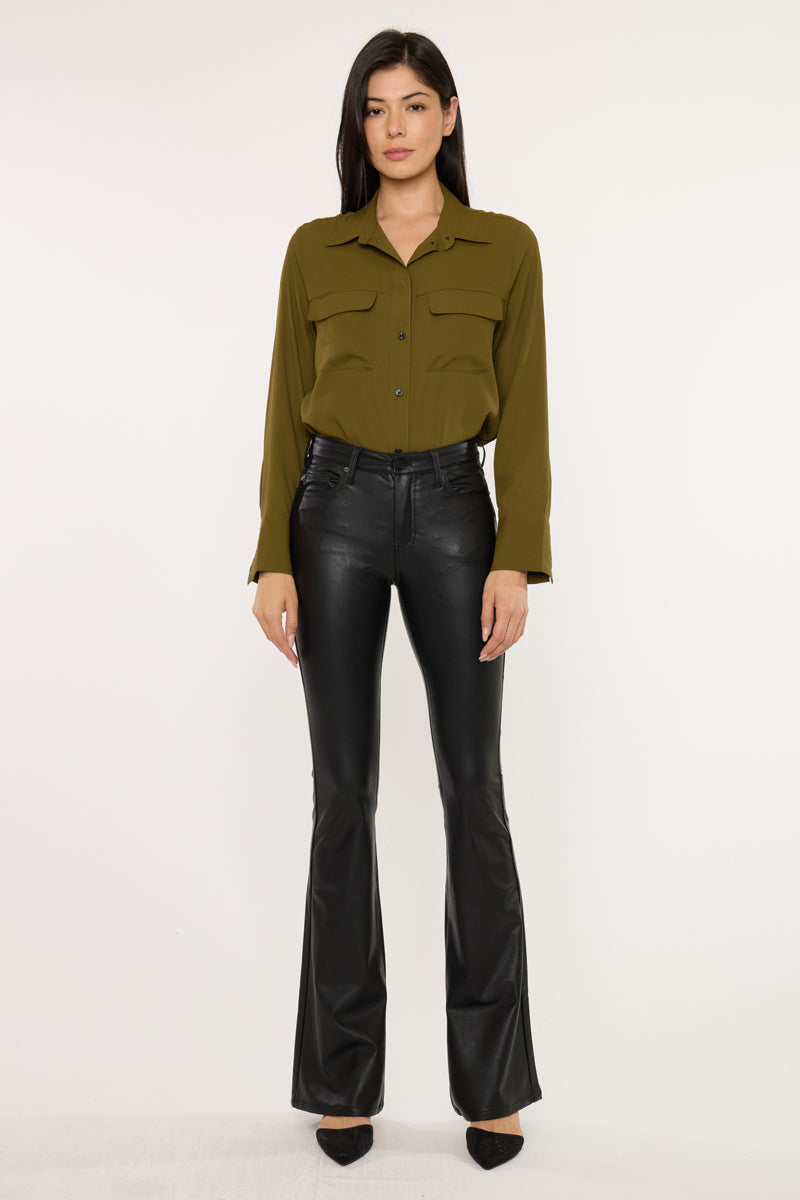 Kiwi Mid Rise Faux Leather Flare Jeans