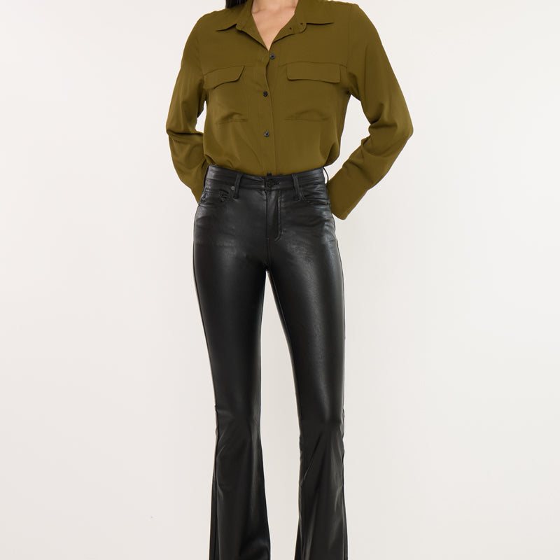 Kiwi Mid Rise Faux Leather Flare Jeans
