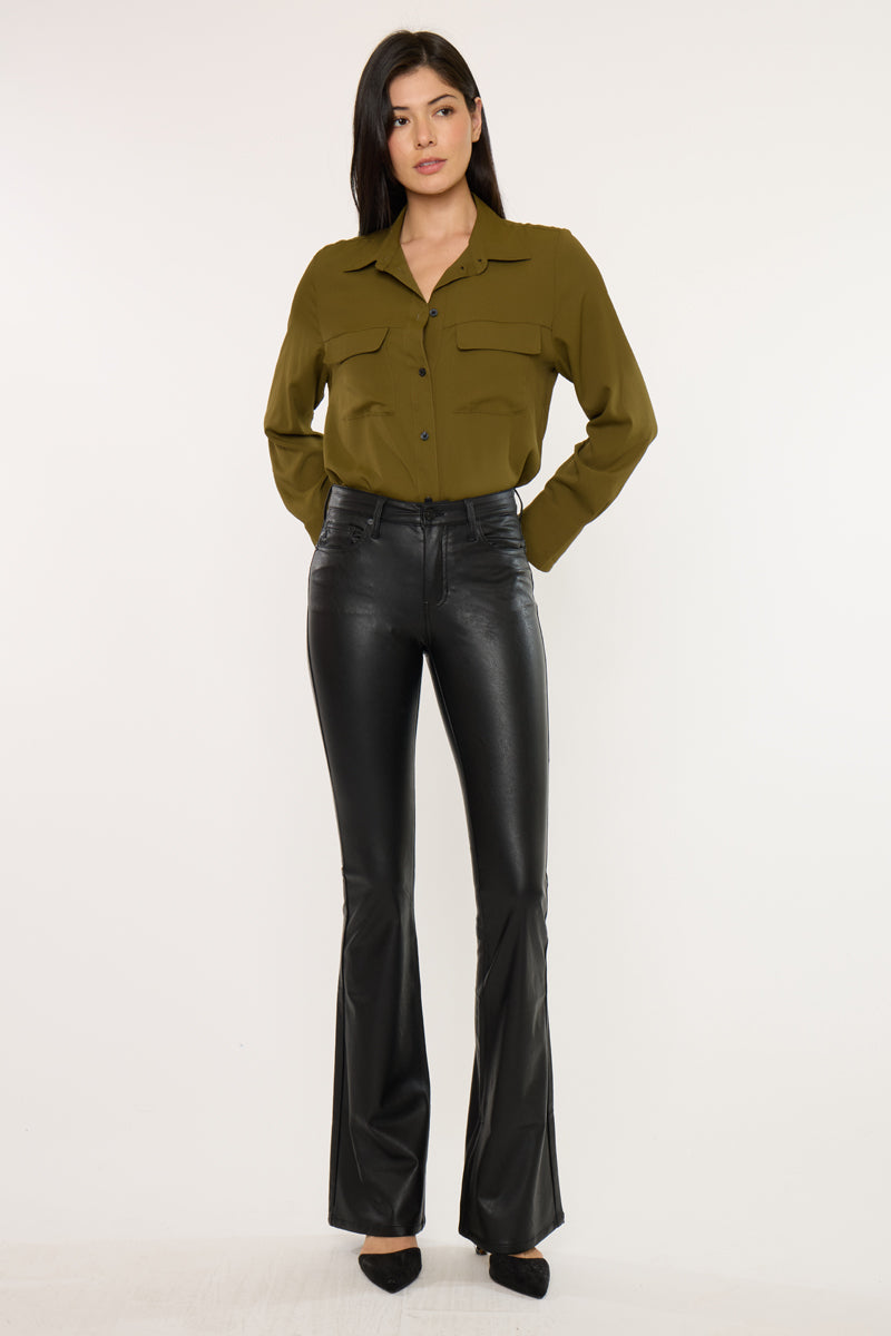Kiwi Mid Rise Faux Leather Flare Jeans