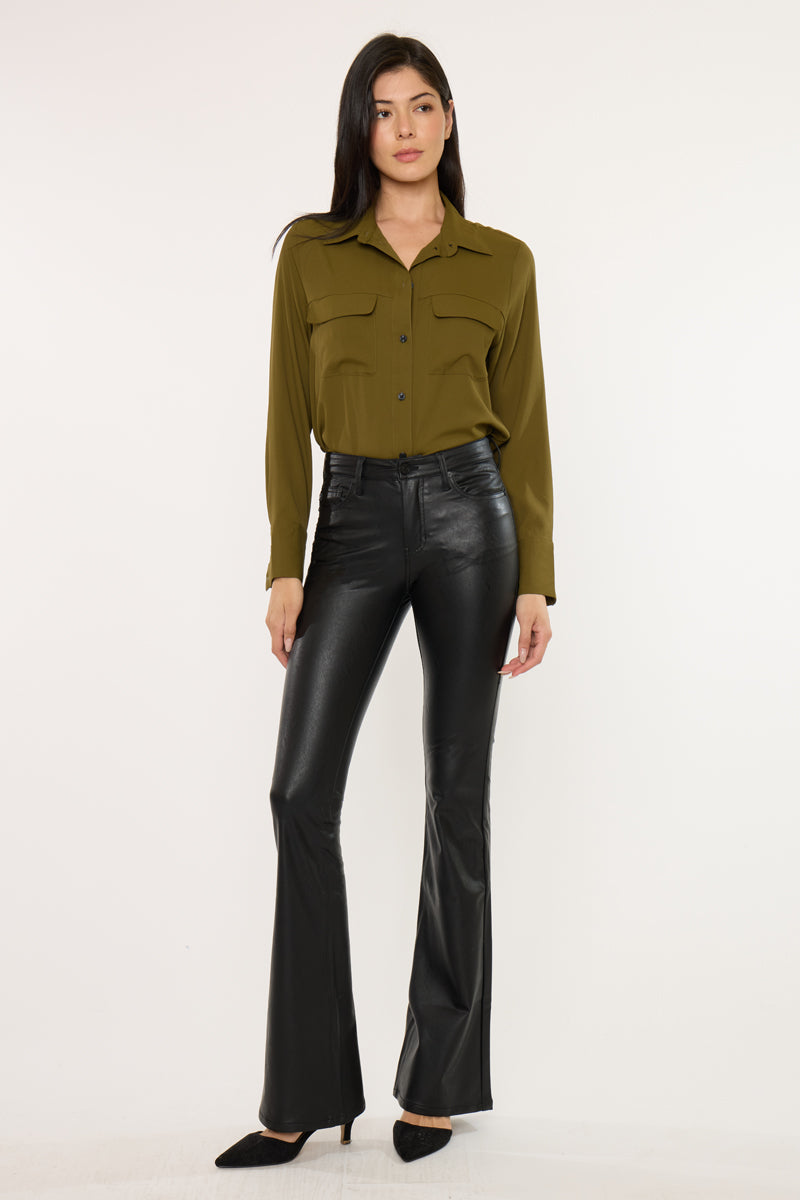 Kiwi Mid Rise Faux Leather Flare Jeans