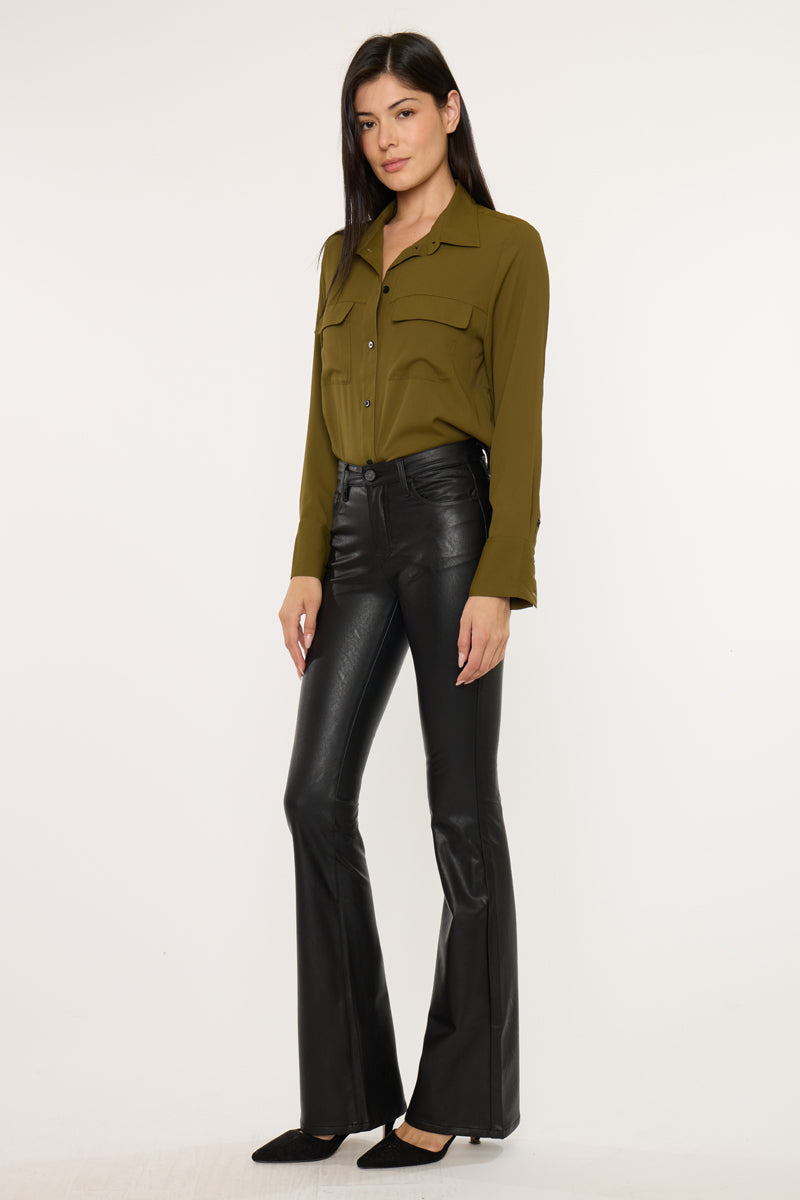 Kiwi Mid Rise Faux Leather Flare Jeans