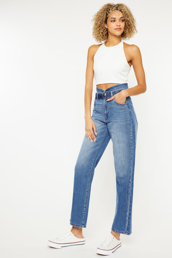 Kaas Ultra High Rise Belted Paperbag Straight Leg Jeans - Official Kancan USA