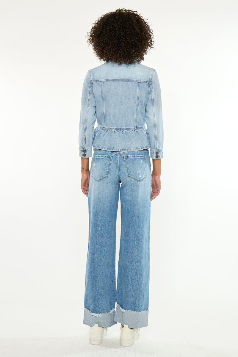 シャツ/ブラウス(長袖/七分) PEPLUM JACKET WITH PUFF BLOUSE Marilou Peplum Denim Jacket | Flattering Chic Fit | Kancan USA