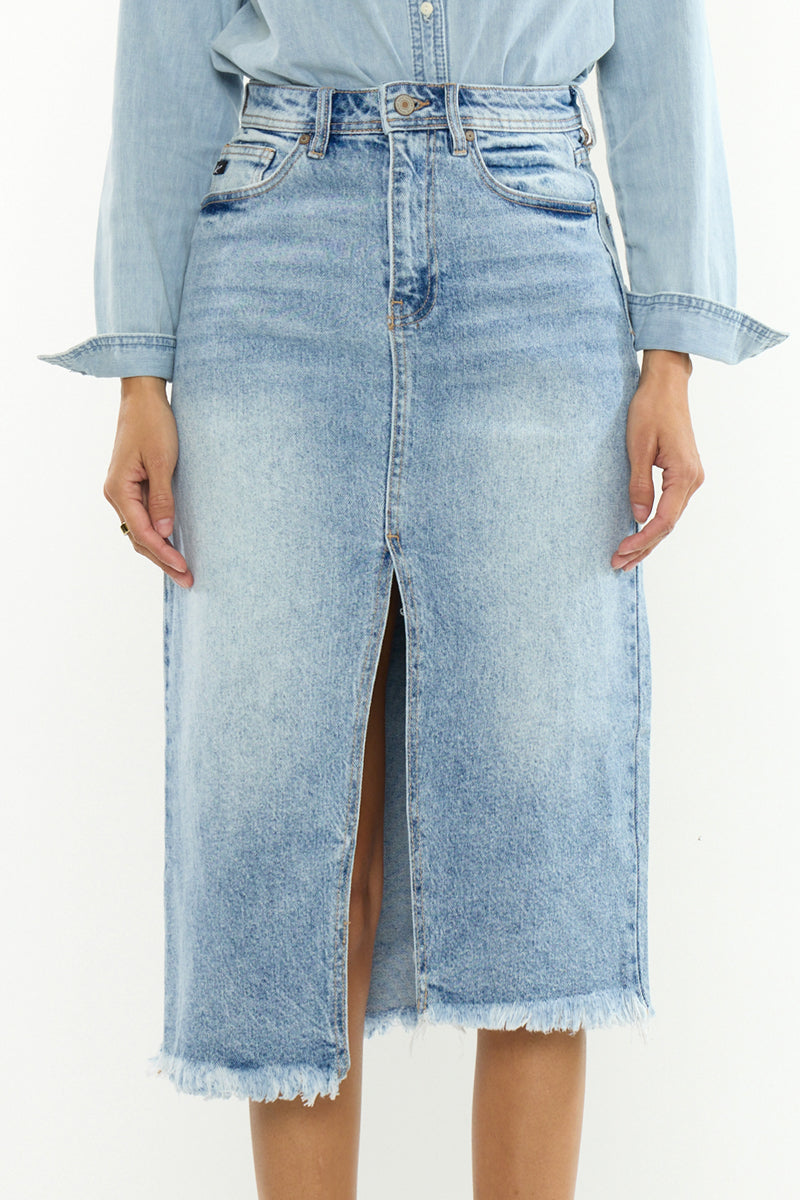 Indigo High Rise Midi Skirt