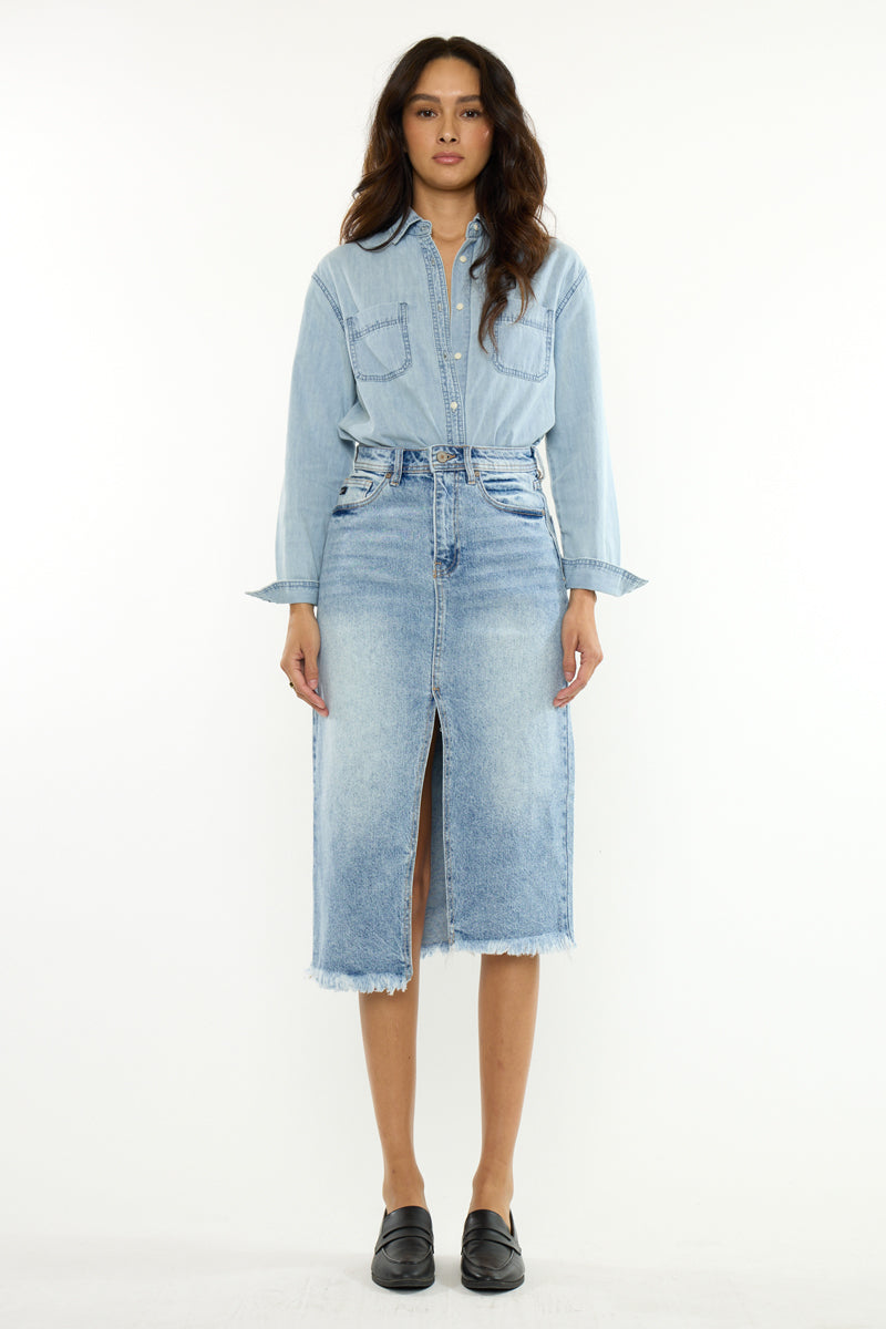 Indigo High Rise Midi Skirt