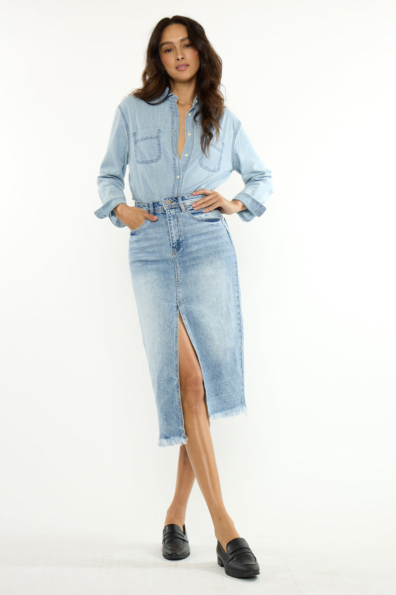 Indigo High Rise Midi Skirt