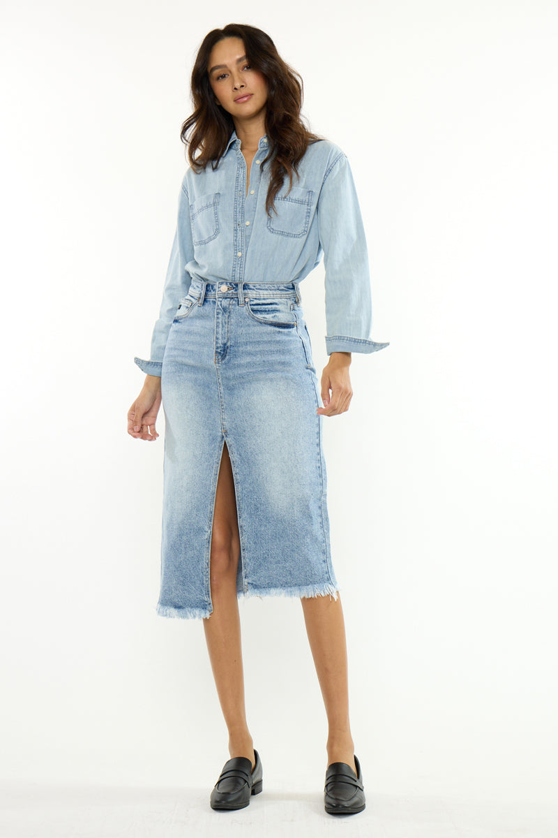 Indigo High Rise Midi Skirt