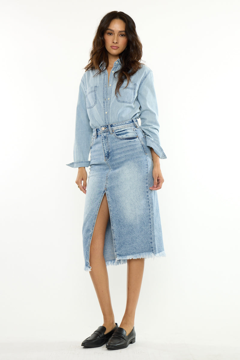 Indigo High Rise Midi Skirt