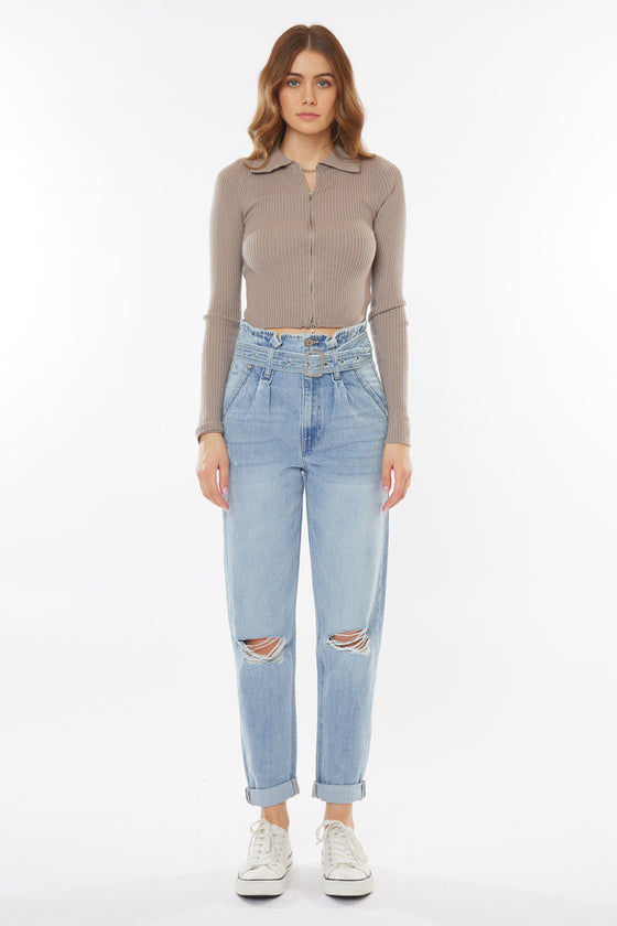 Ilena Ultra High Rise Belted Paperbag Mom Jeans - Official Kancan USA