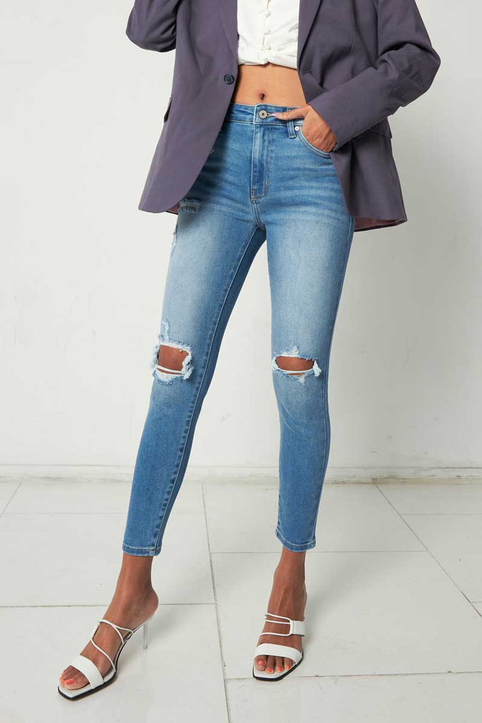 KANCAN High Rise Ankle Skinny Jeans KC9130M - Distressed Denim, 9.75" Rise, 27" Inseam, Medium Wash - View #11